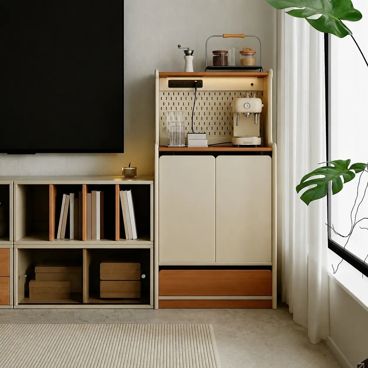 Cream & Wood Pegboard Sideboard