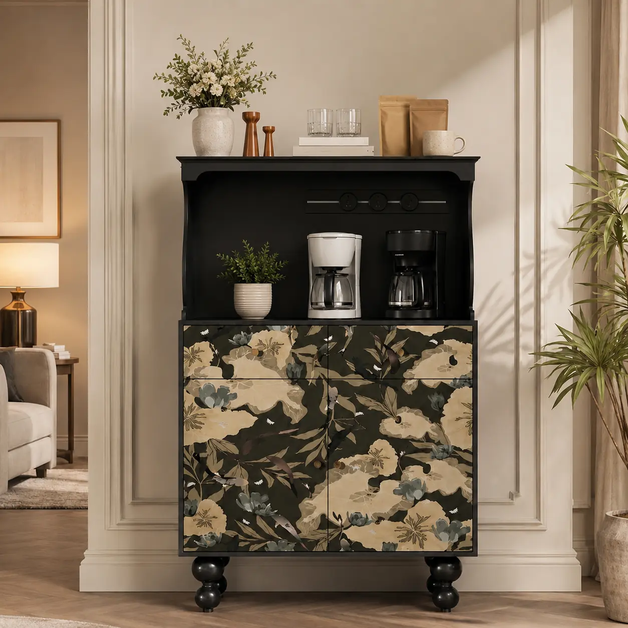 French Vintage Black Coffee Bar Cabinet
