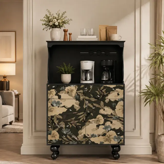 French Vintage Black Coffee Bar Cabinet: Materials & Finish