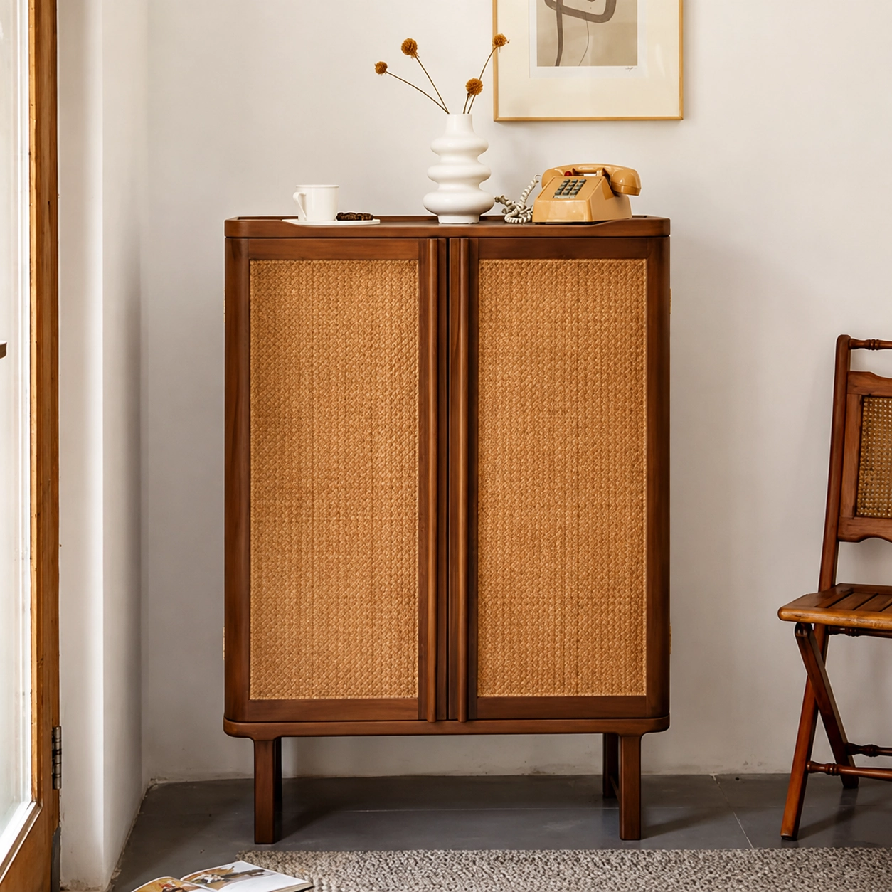 Solid Ash Rattan Shoe Cabinet