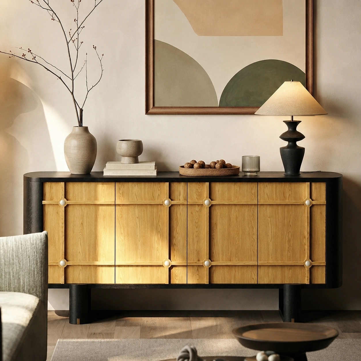 Wabi-Sabi Wood and Black Sideboard
