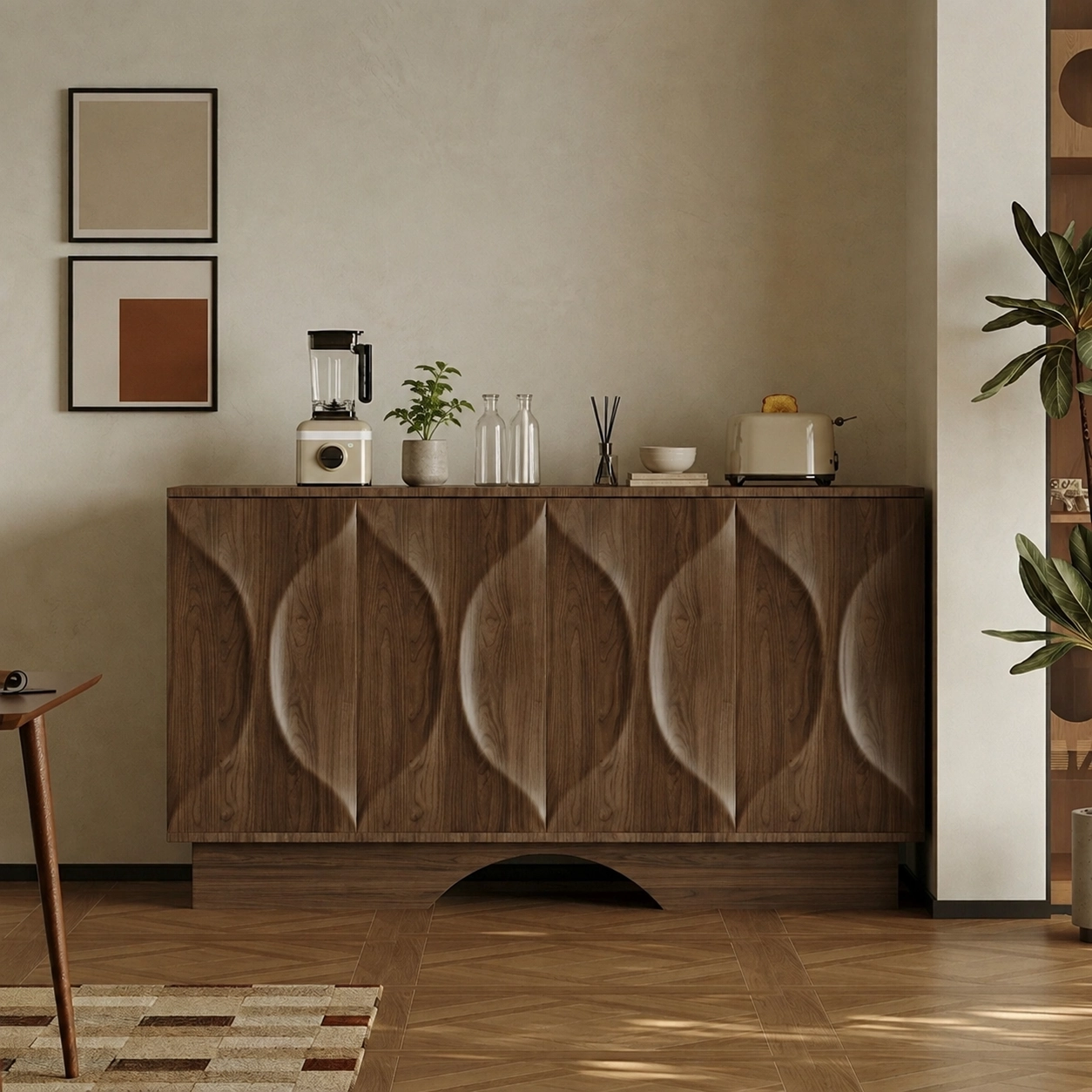 Wavy Walnut Veneer Sideboard