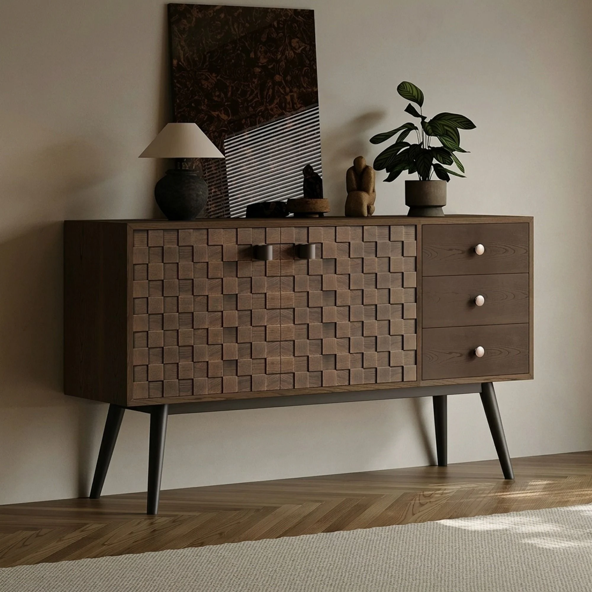 Mid-Century Elm Woven Sideboard