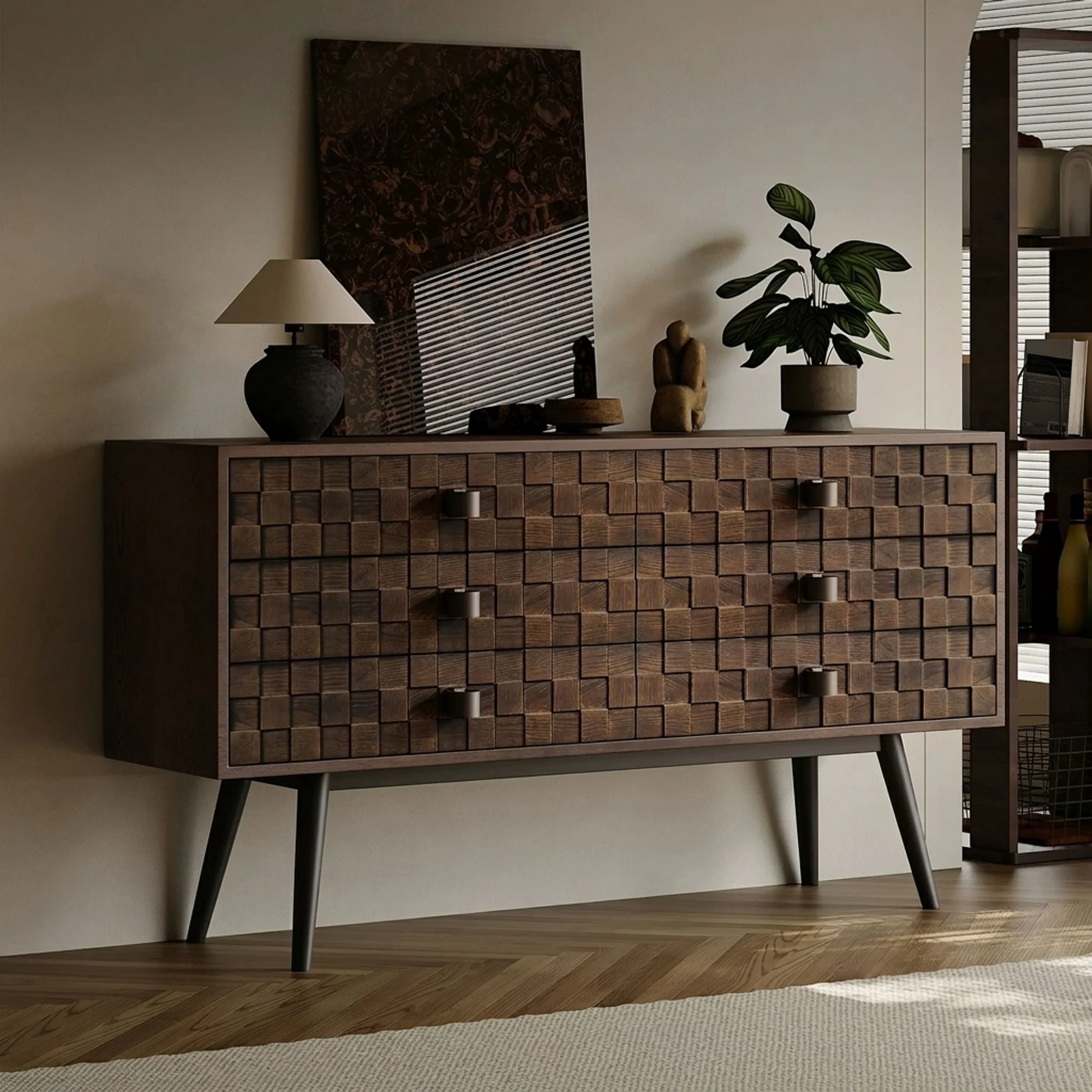 Vintage Oak Sideboard, Geometric Drawers