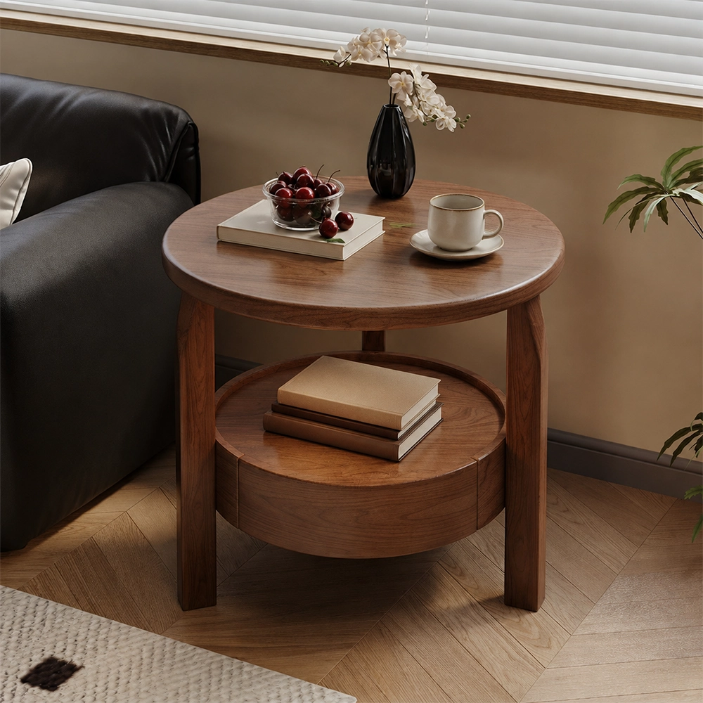 Mid-Century Round Rubberwood Side Table