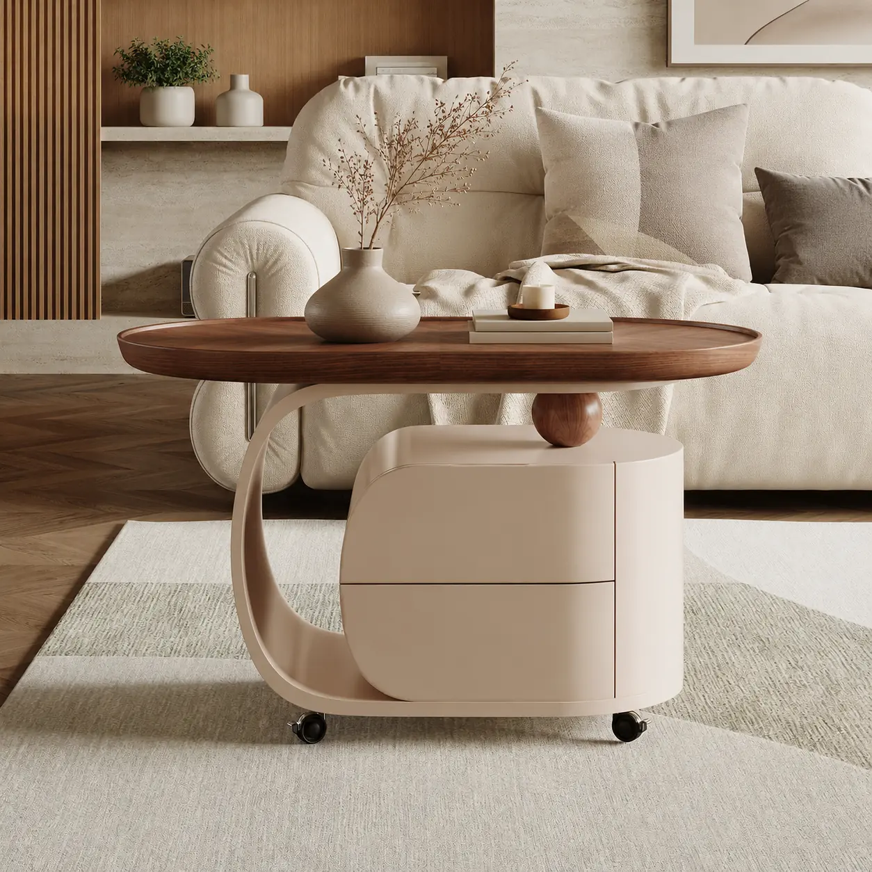 Oval Walnut Rolling End Table