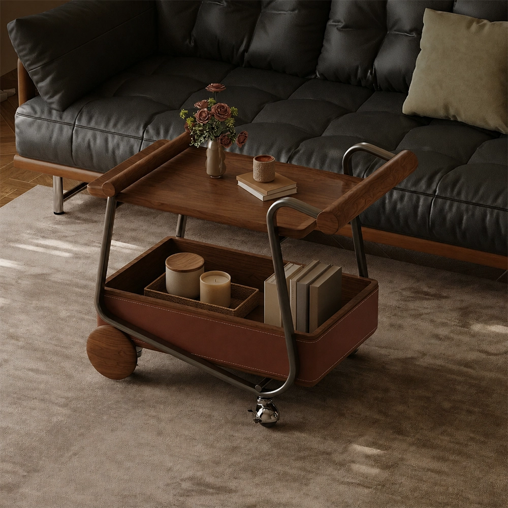 Walnut Saddle Leather Rolling Cart