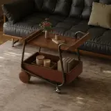 Walnut Saddle Leather Rolling Cart