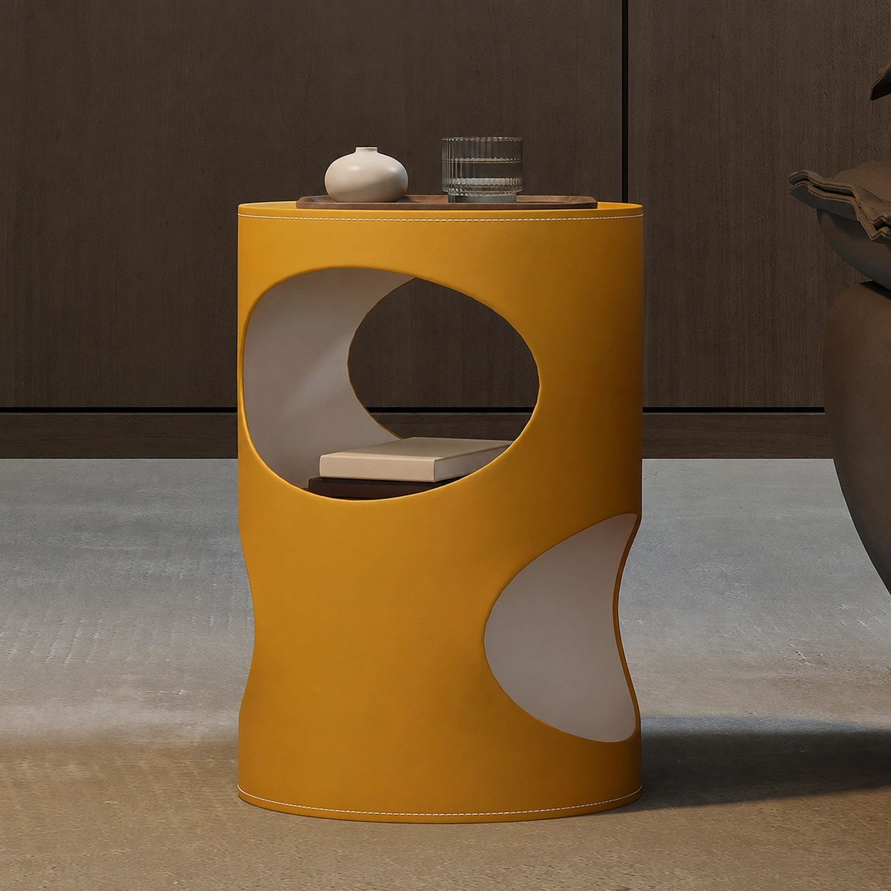 Saddle Leather Cylindrical Side Table