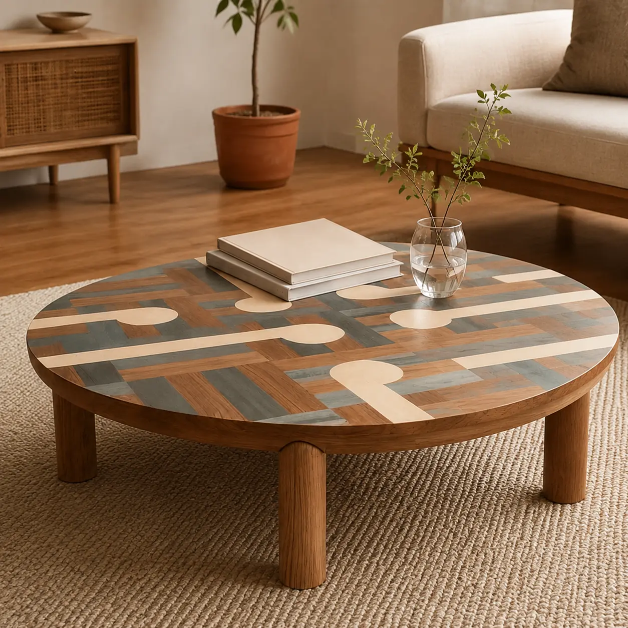 Wood Inlay Round Coffee Table