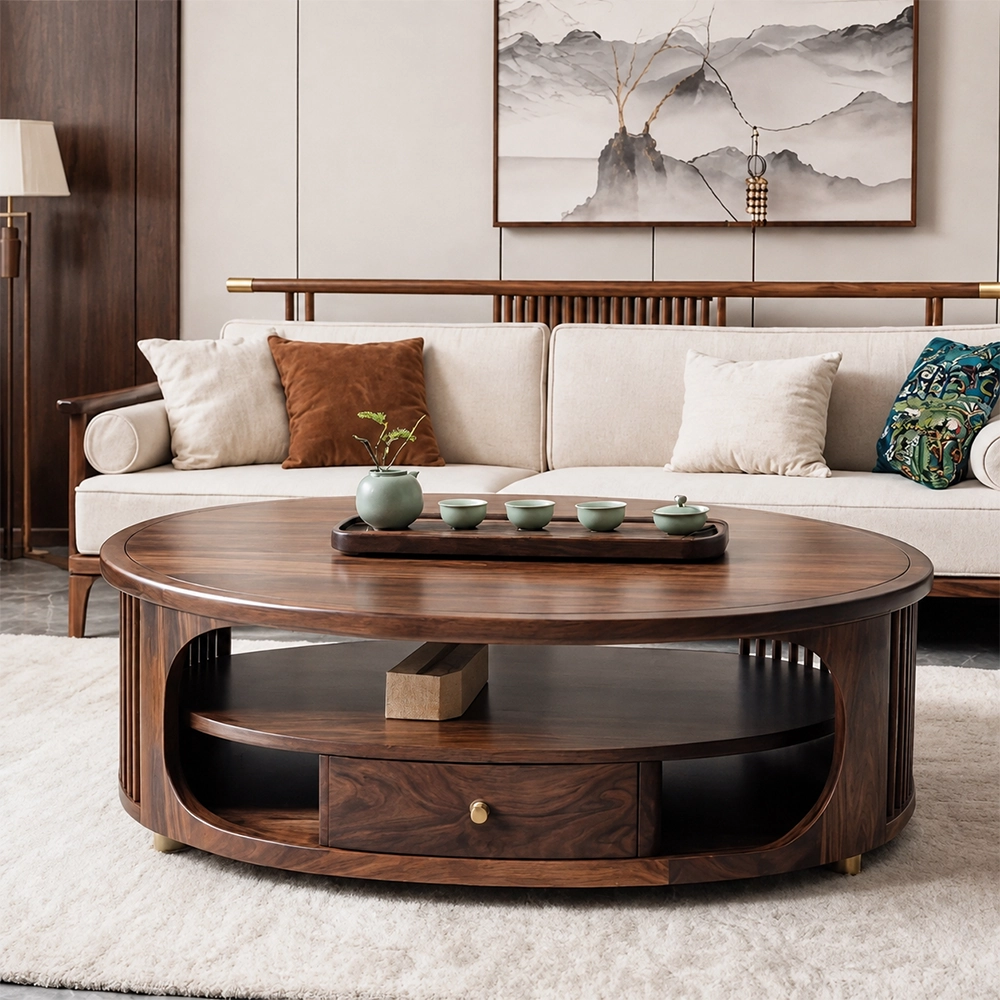 Zen-Inspired Solid Black Walnut Oval Coffee Table with Storage