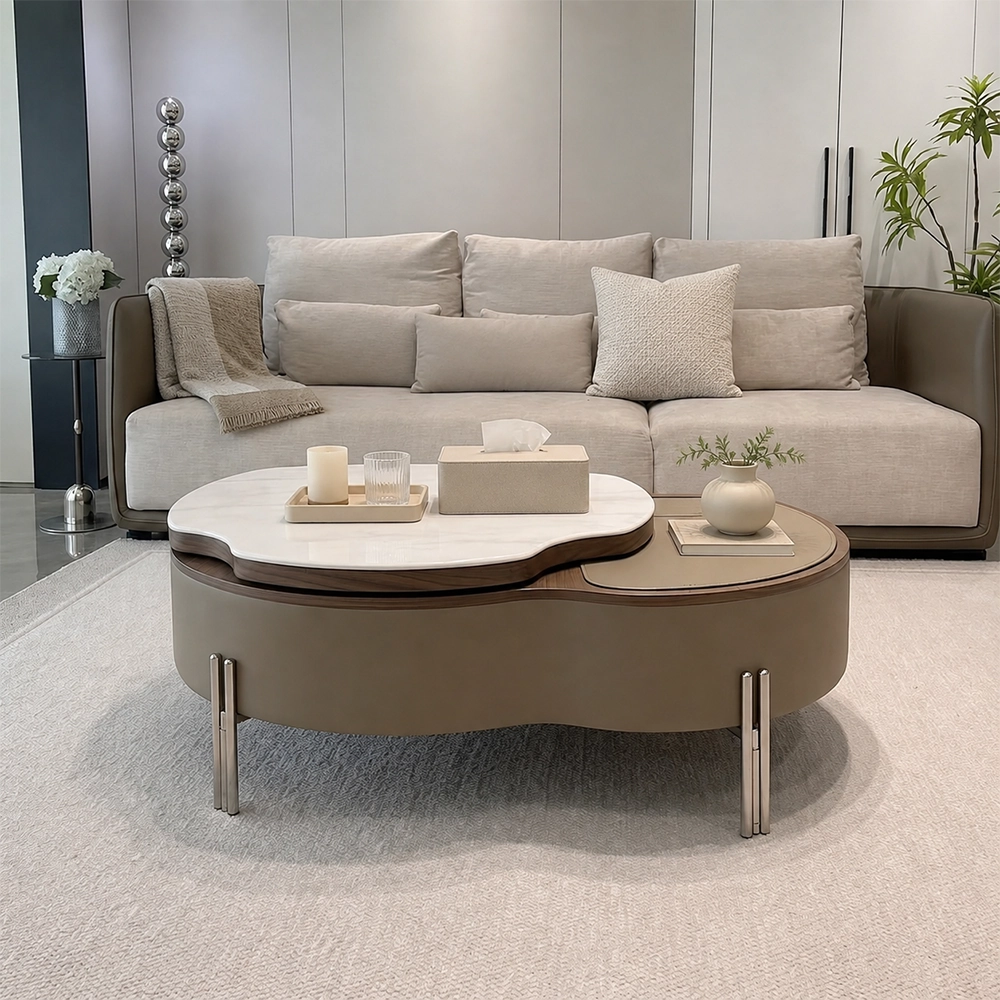 Minimalist Khaki Faux Leather Lift-Top Rotating Coffee Table