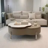Minimalist Khaki Faux Leather Lift-Top Rotating Coffee Table