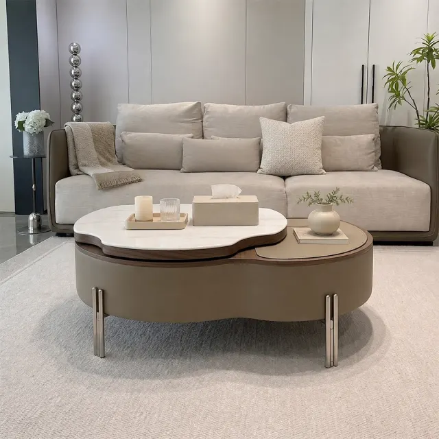 Minimalist Khaki Faux Leather Lift-Top Rotating Coffee Table