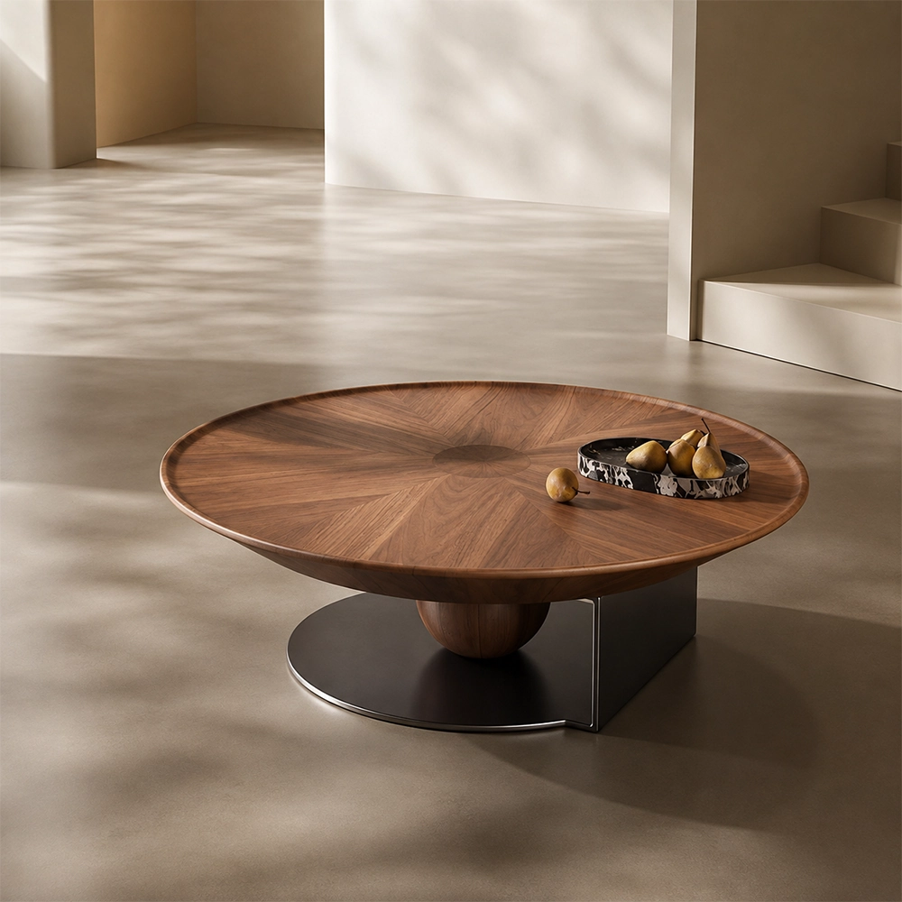 Circular Walnut & Travertine Coffee Table