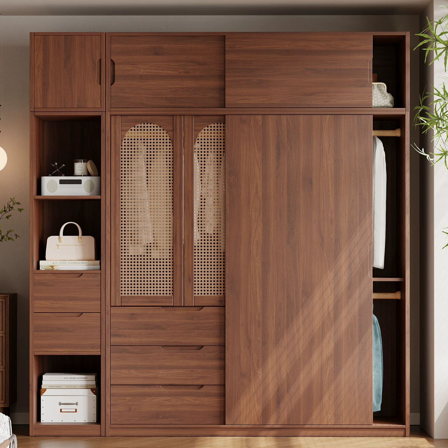 Solid Wood Wardrobe with Rattan Doors