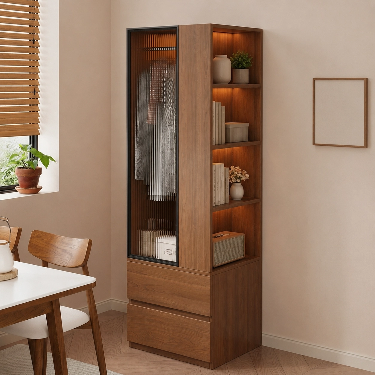 Vintage Wood Wardrobe with Glass Doors