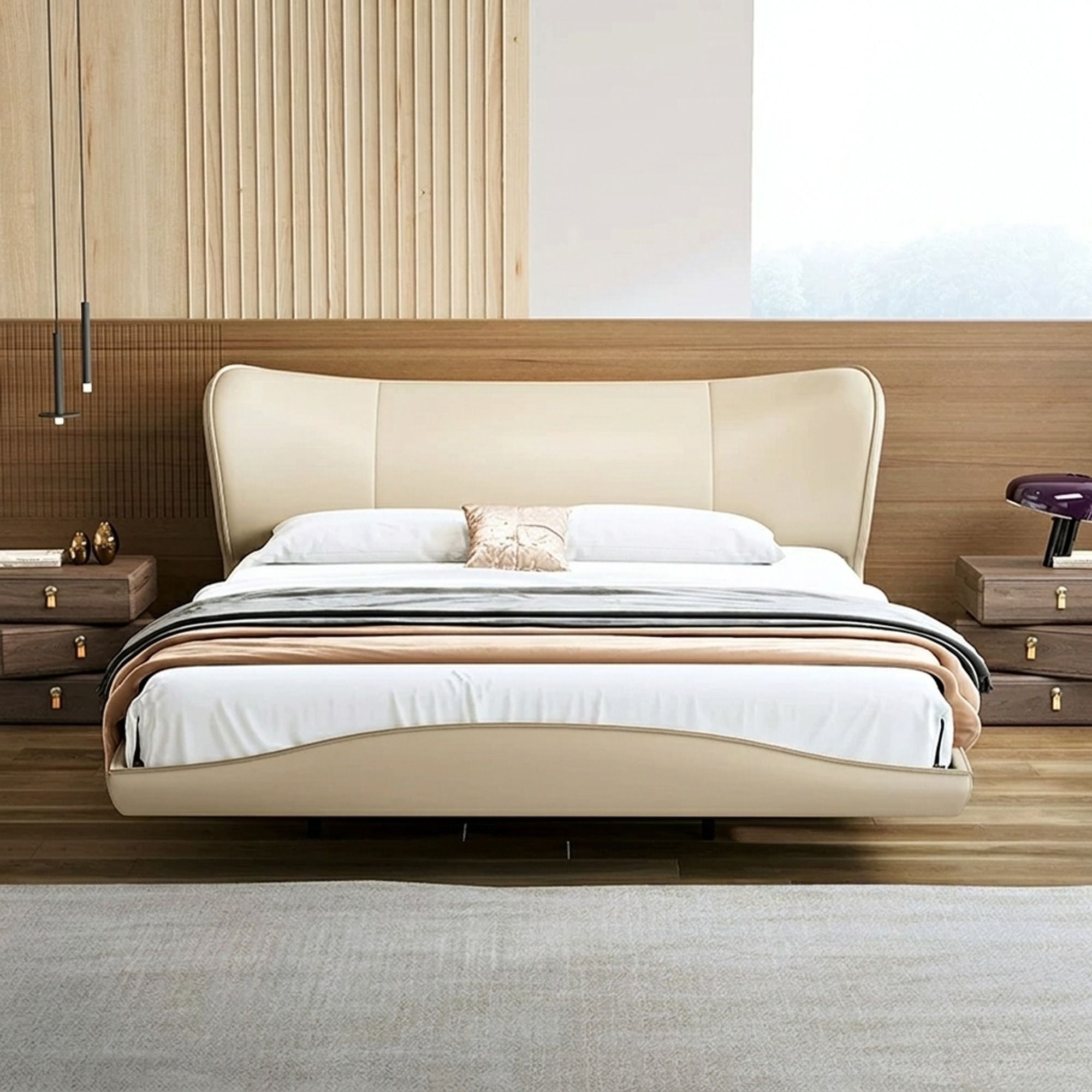 Creamy Floating Leather Upholstered Bed