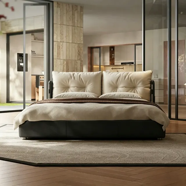 Genuine Leather Low Profile Bed