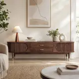 Walnut Media Console with Curtain Doors