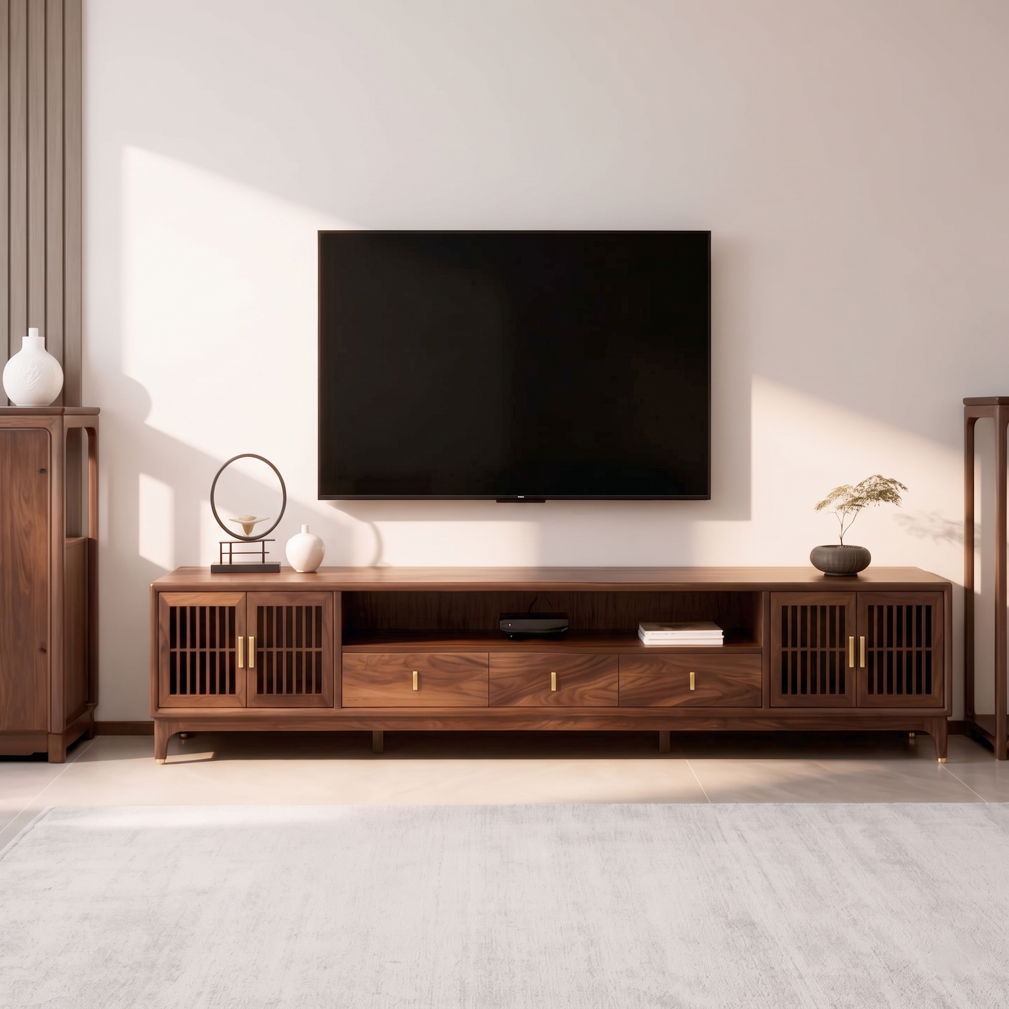 Modern Oriental Walnut TV Console