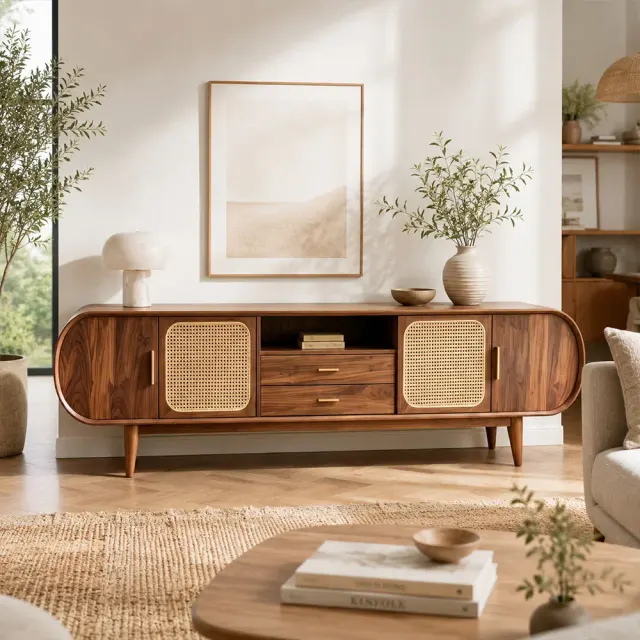 Black Walnut Rattan TV Stand