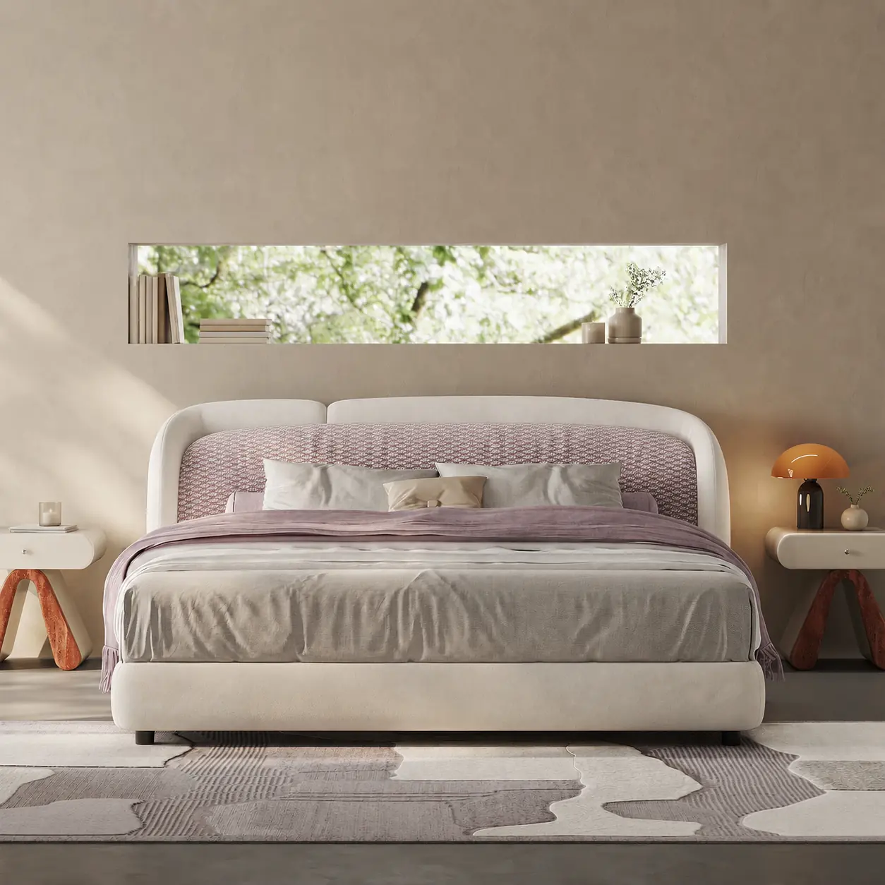 Off-White Curved Upholstered Bed