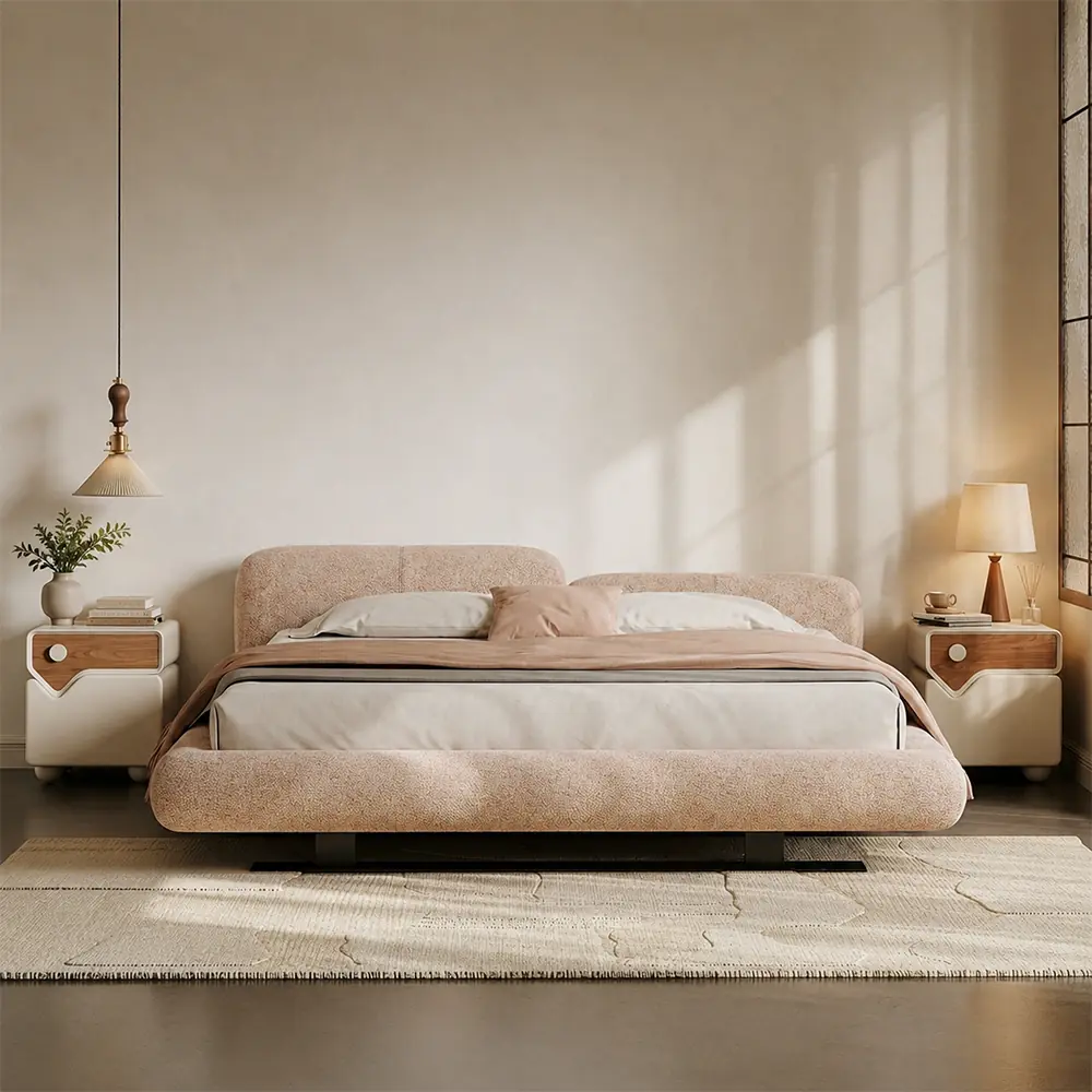 Cream Fabric Platform Bed