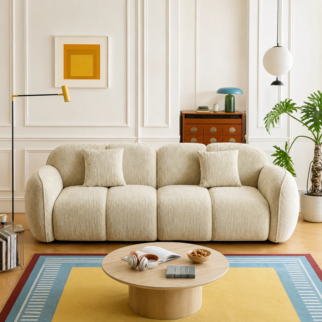 Cream Pleated Fabric Sofa
