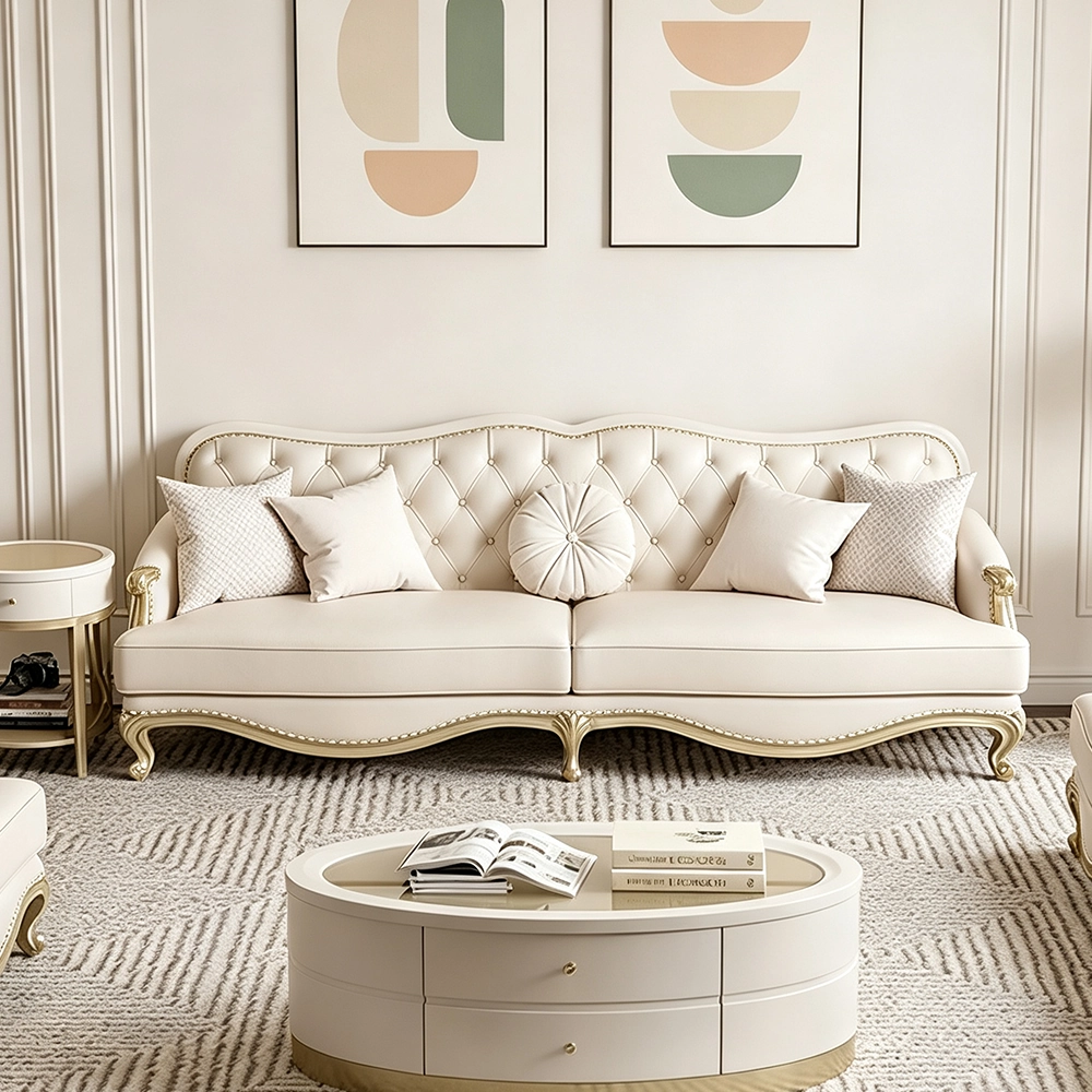 Carved Solid Wood Leather Sofa