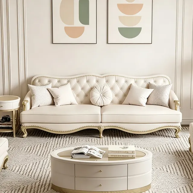 Carved Solid Wood Leather Sofa