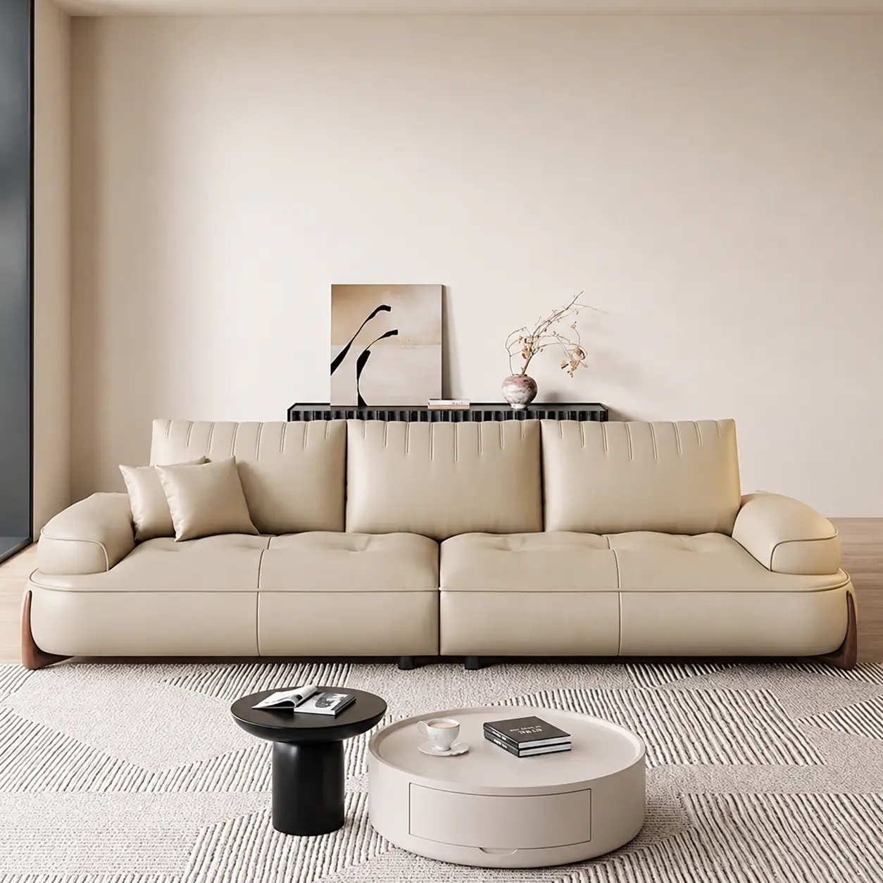 Straight Line Creamy Leather Sofa