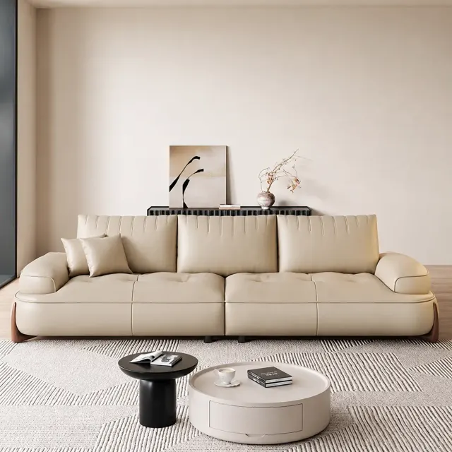 Straight Line Creamy Leather Sofa
