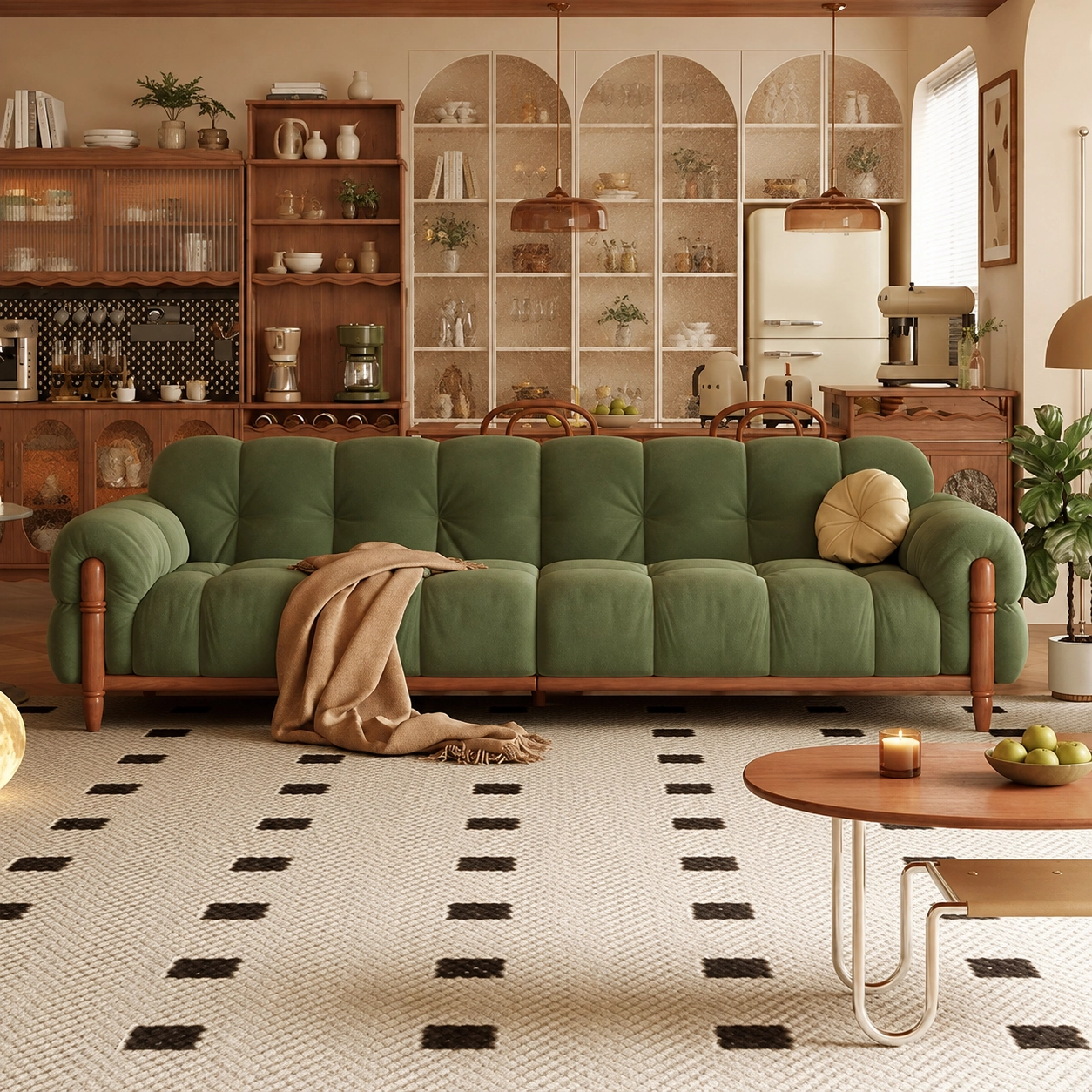 Vintage Piano Key Sofa, Dark Green