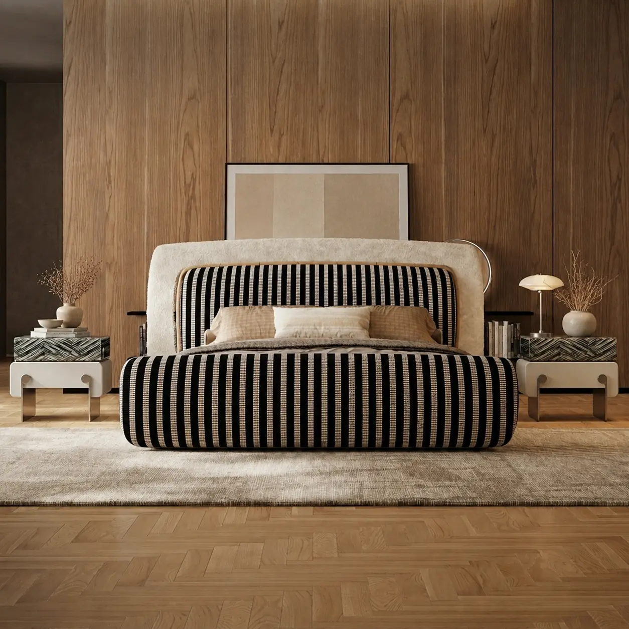 Striped Fabric Upholstered Bed