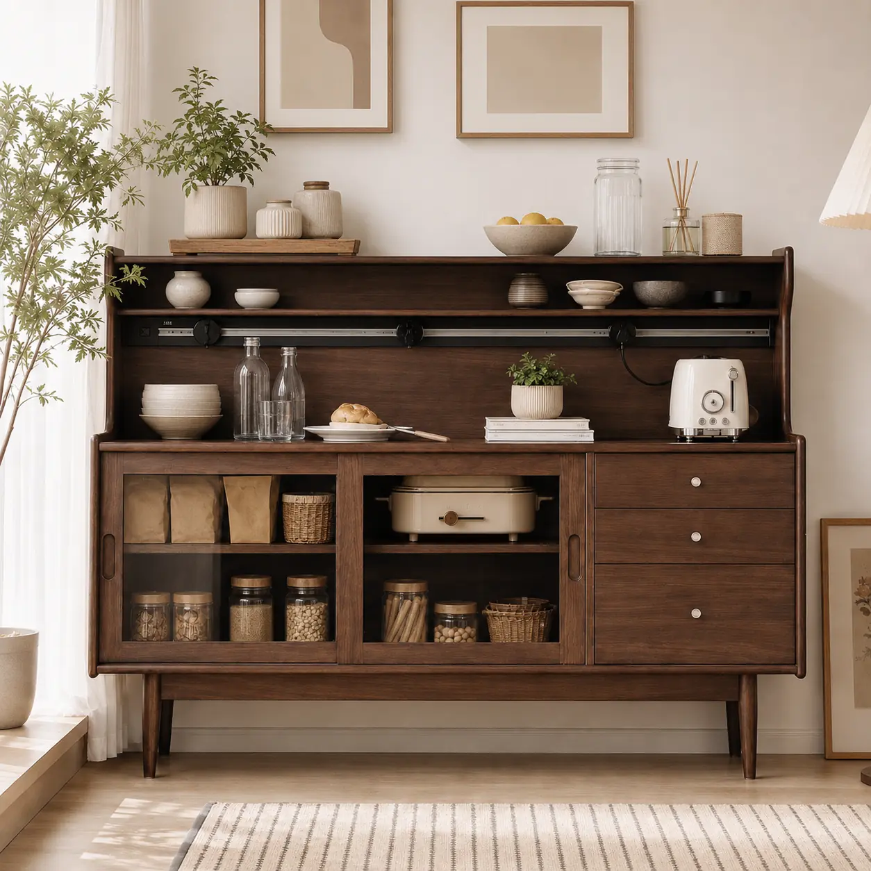 Solid Wood Vintage Sliding Door Sideboard