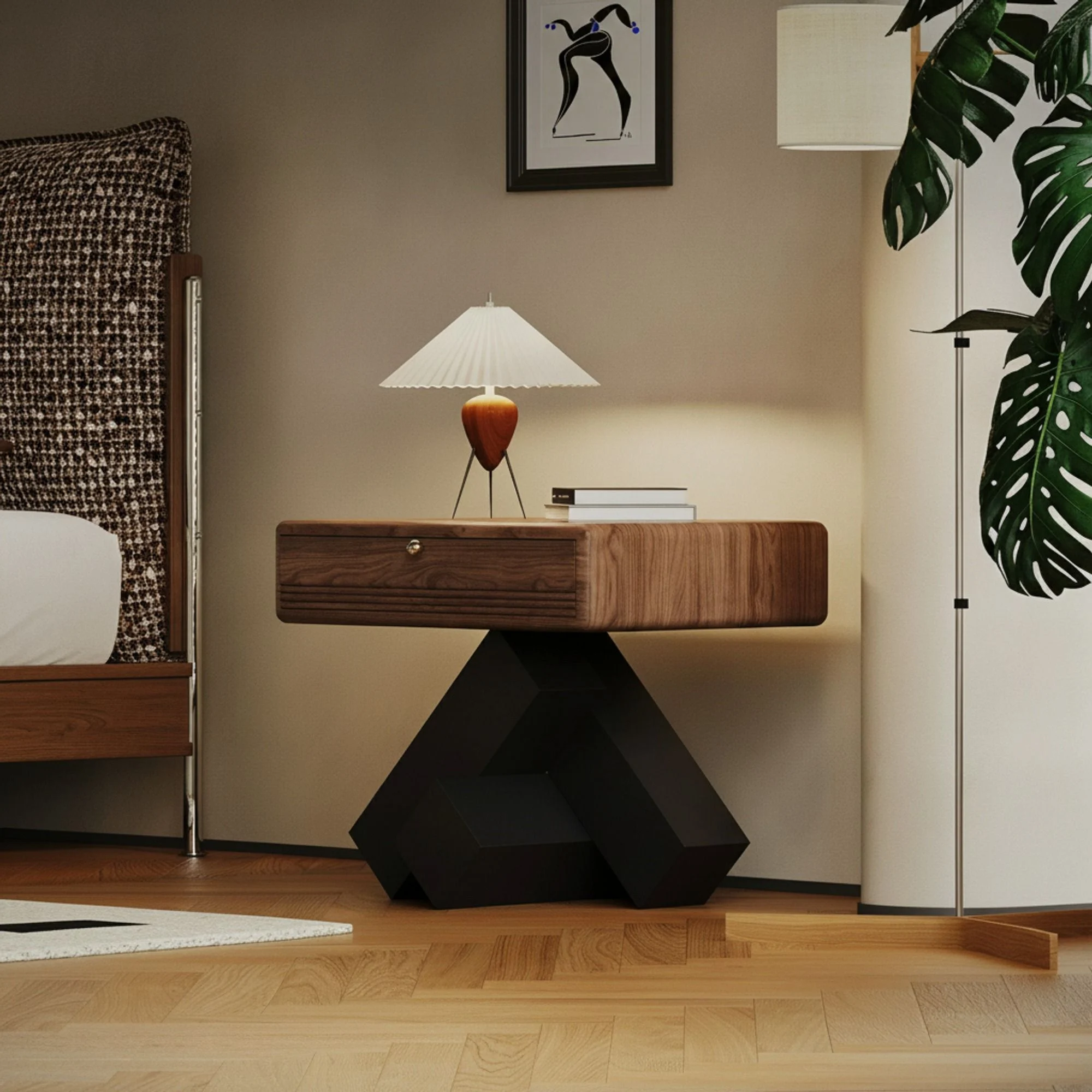 Vintage Geometric Wood Nightstand
