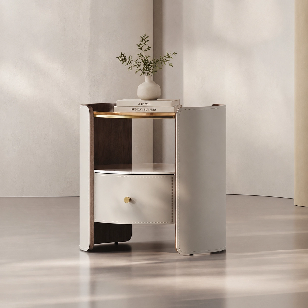 Slab Top Nightstand with Saddle Leather
