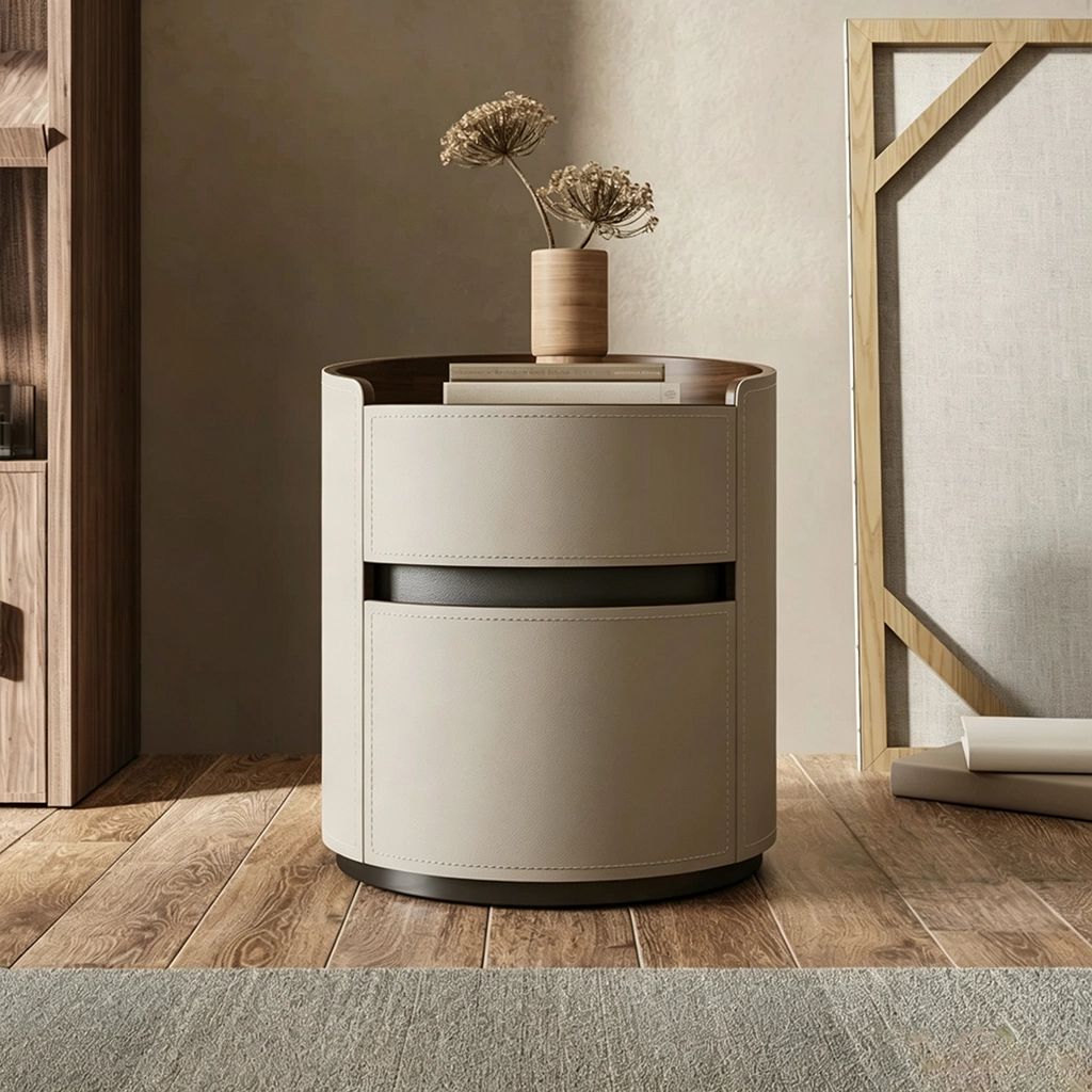 Round Nightstand with Leather Top