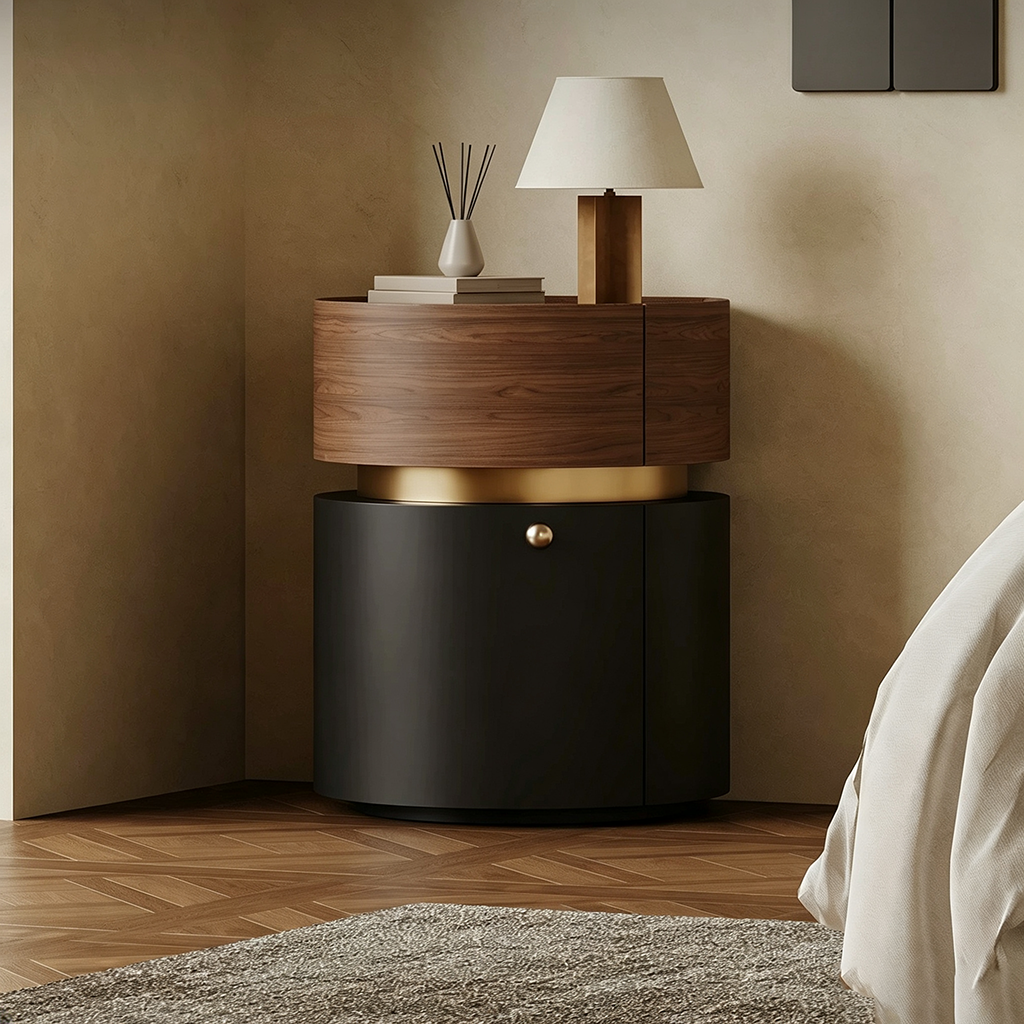 Vintage Round Nightstand with Mirror
