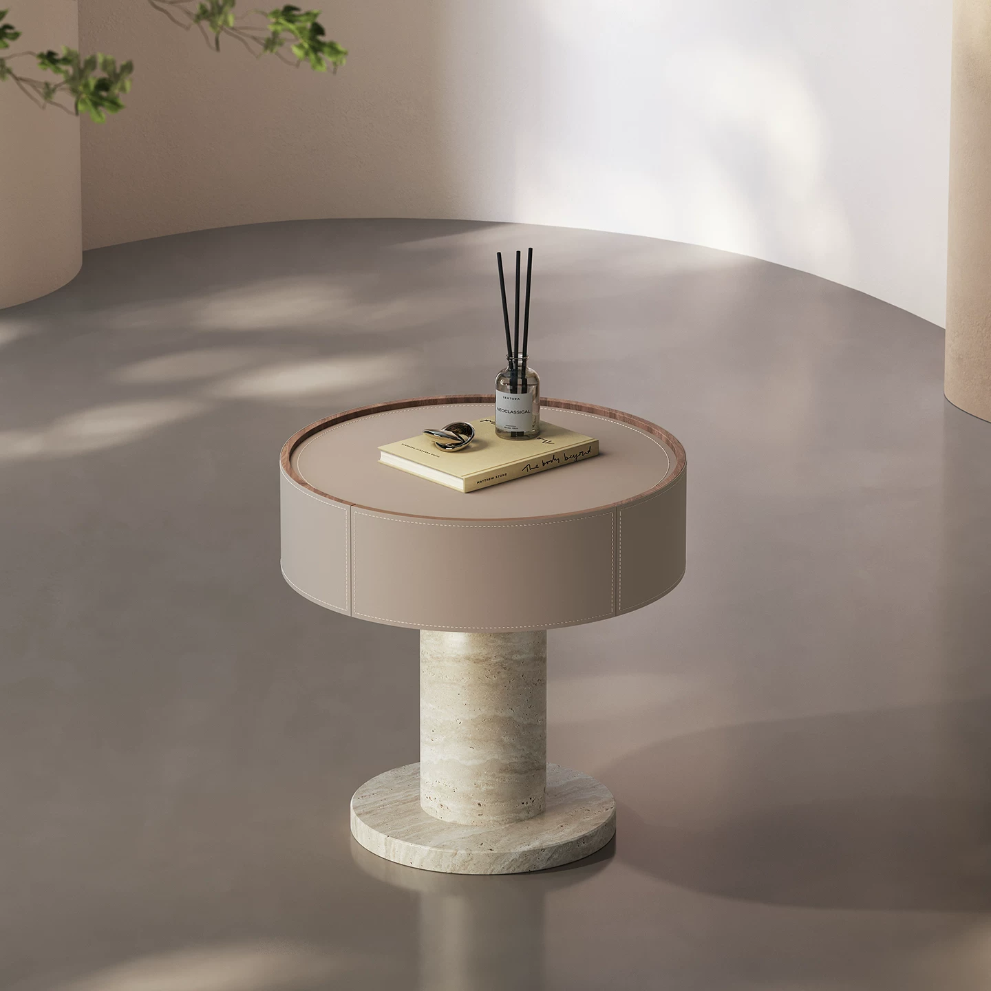 Travertine & Saddle Leather Nightstand
