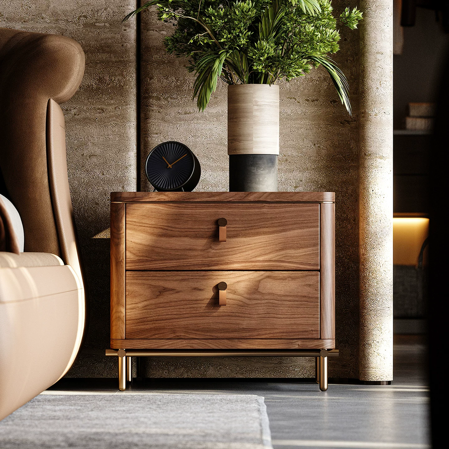 Walnut Wood High-Leg Nightstand