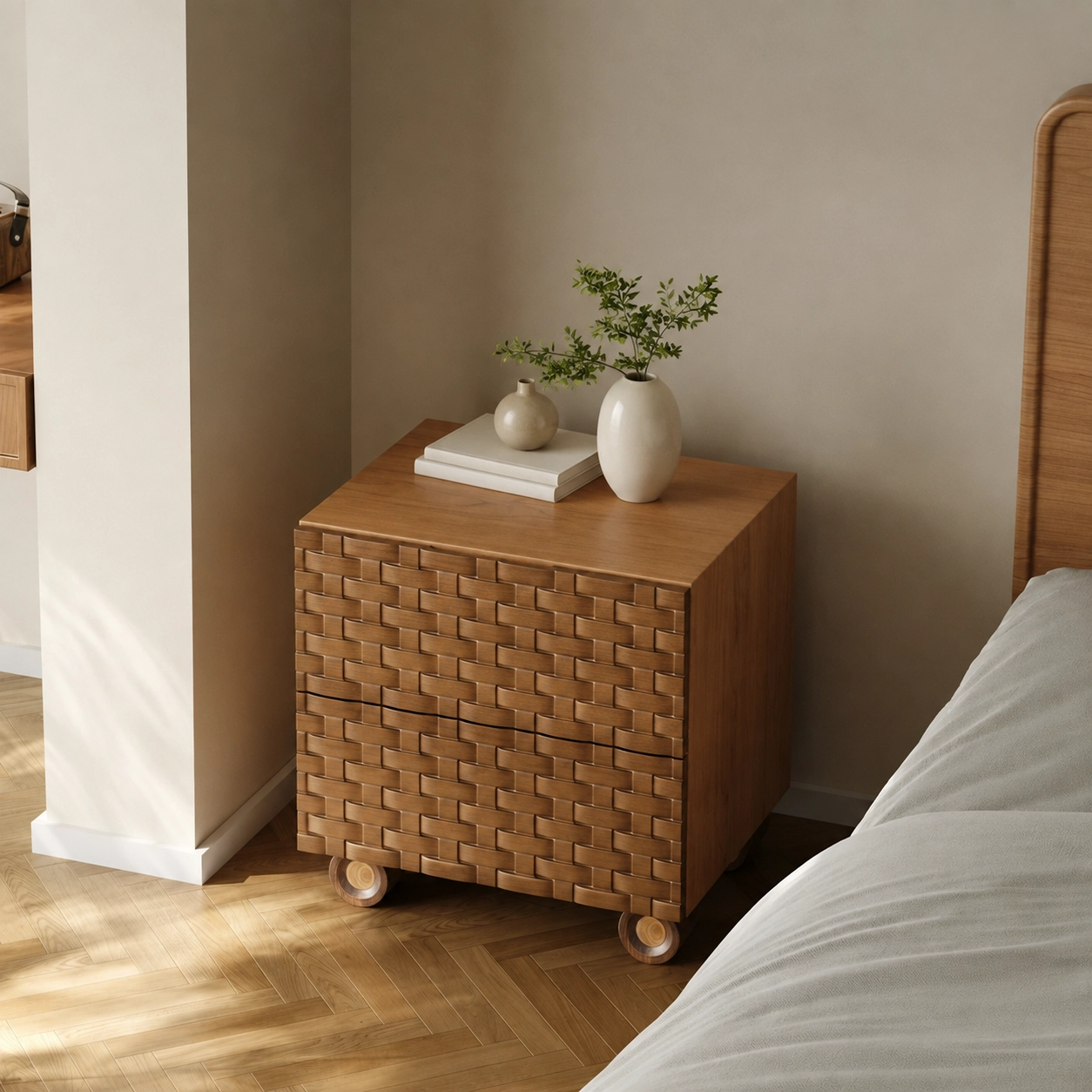 Solid Wood Nightstand with Pattern