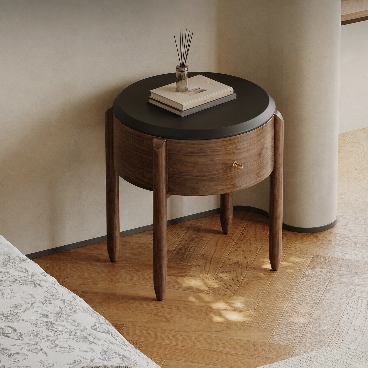 Round Wood Veneer Nightstand