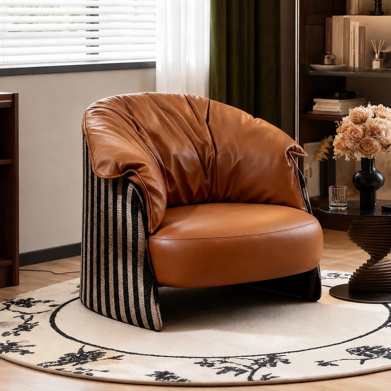 Vintage Mid-Century Eco-Leather Striped Armchair