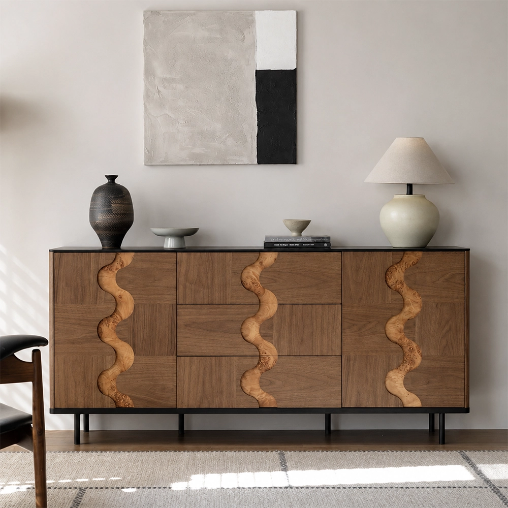 Wood Sideboard, Burl Veneer Accents