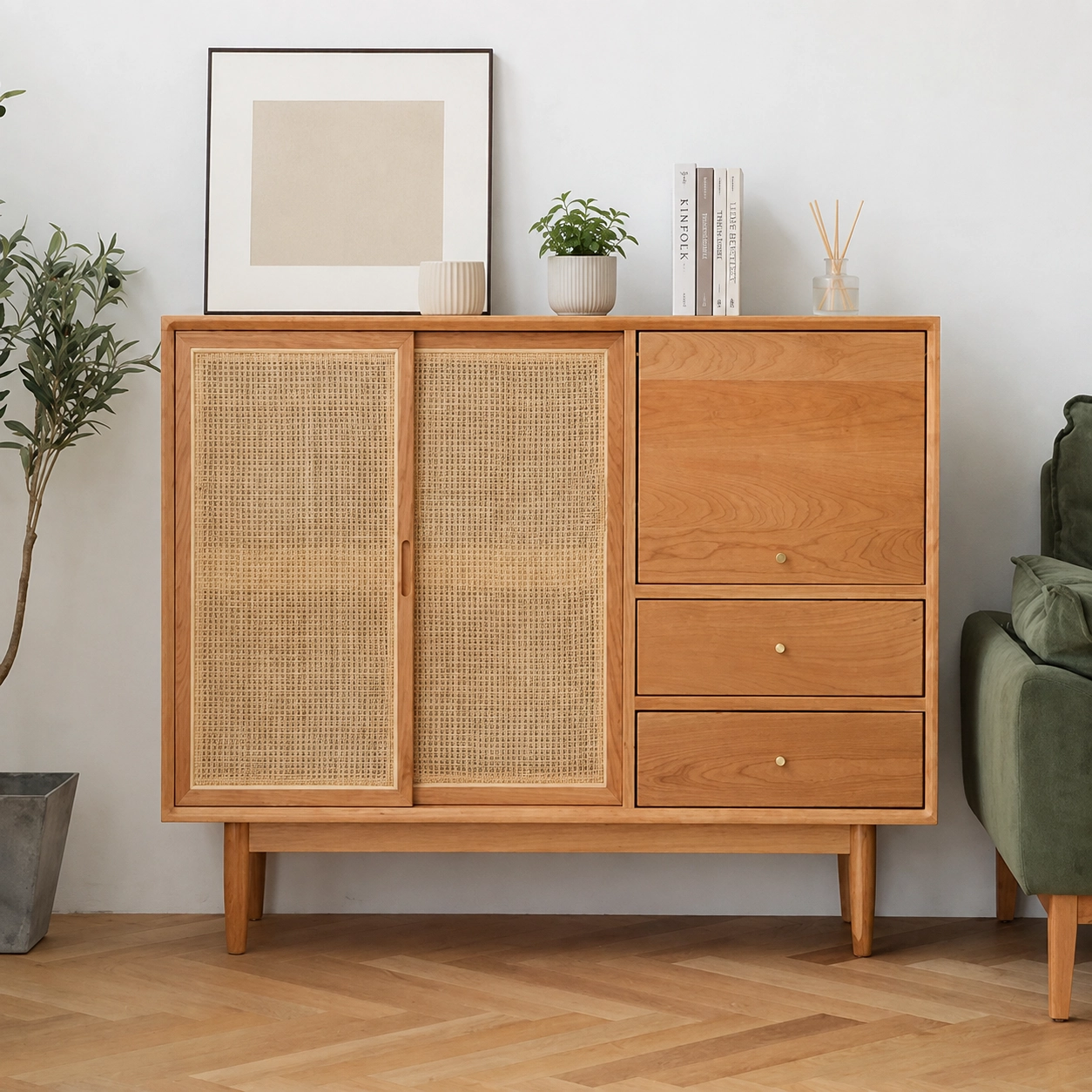 Mid-Century Wood & Rattan Sideboard