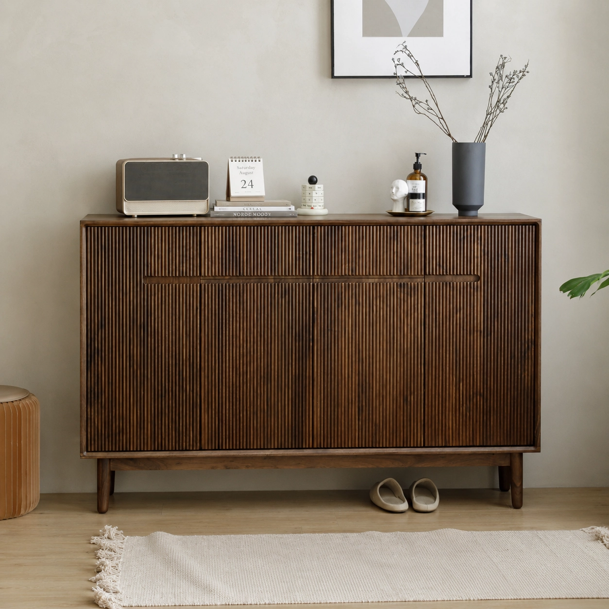 Louvered Walnut Storage Cabinet