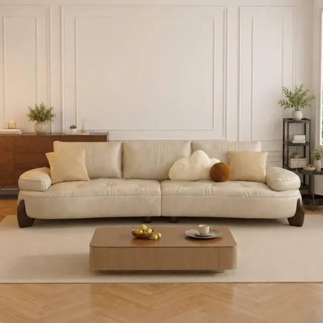Creamy Curved Leather Sofa