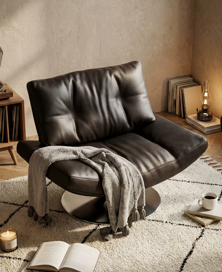 Minimalist Italian Leather Swivel Armchair